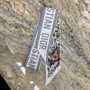 Dior Floral Printed Gray and White Silk Twilly Scarf